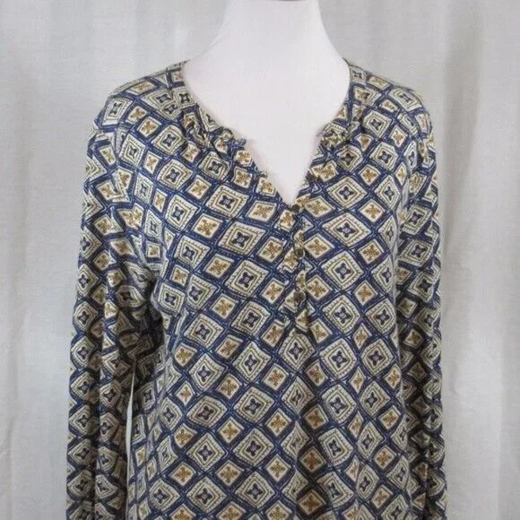 Lucky Brand Top S Blue Green Print Cotton Blend Popover - Picture 2 of 5